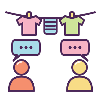 Laundry on a clothesline above two workers negotiating