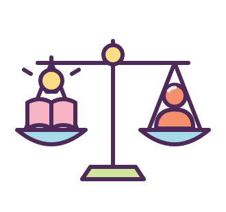 Balanced scale with a book and a person, showing knowledge as power